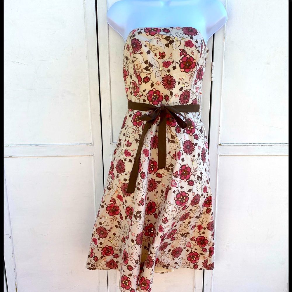 🍎Loft Floral Bustier Belted Dress Sequins 100% Cotton (AA3)